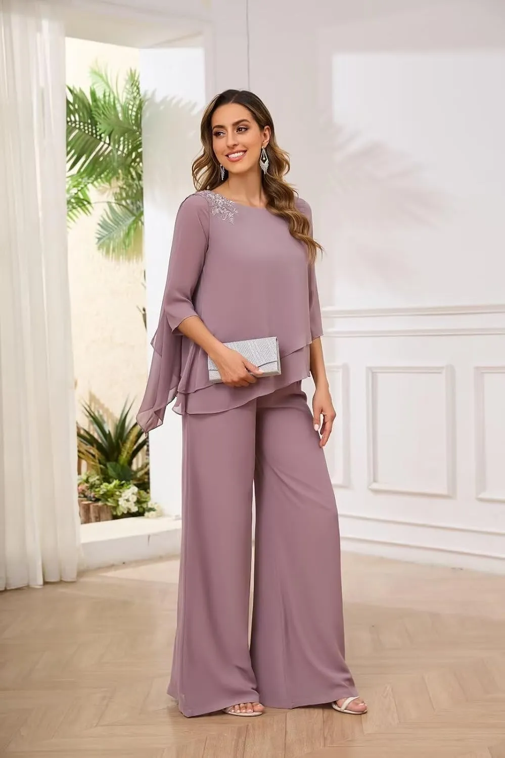 2 Pieces Mother of The Bride Pant Suits for Wedding Dressy Chiffon Lace Sequin Formal Wedding Guest Outfit