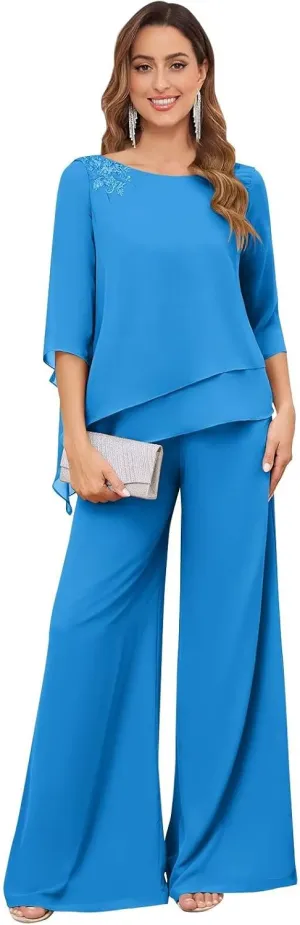 2 Pieces Mother of The Bride Pant Suits for Wedding Dressy Chiffon Lace Sequin Formal Wedding Guest Outfit