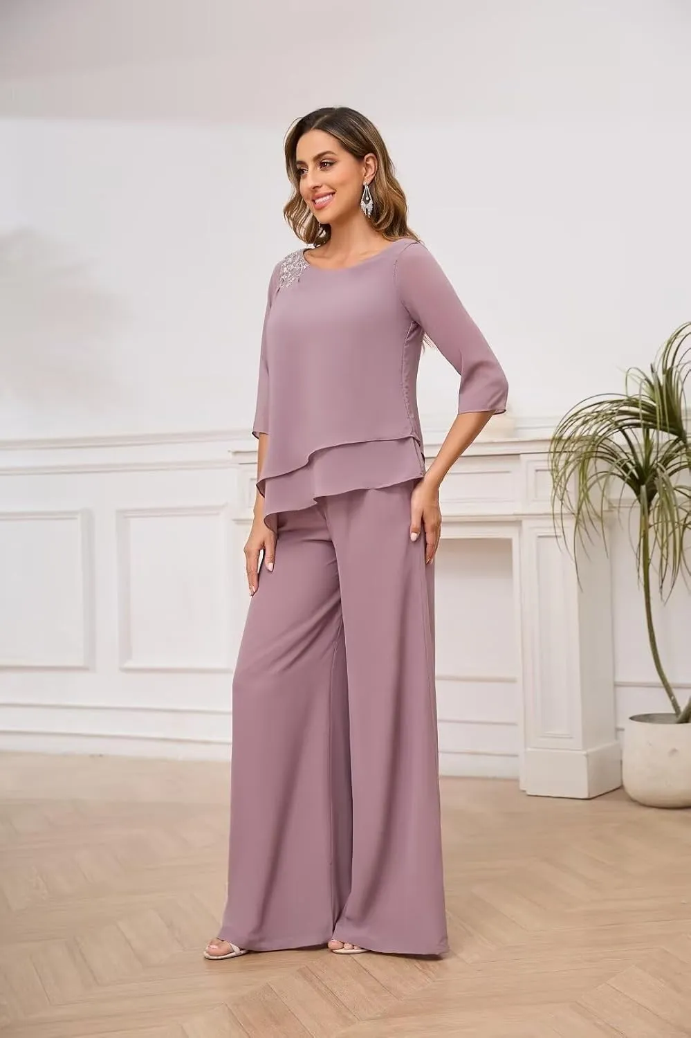 2 Pieces Mother of The Bride Pant Suits for Wedding Dressy Chiffon Lace Sequin Formal Wedding Guest Outfit