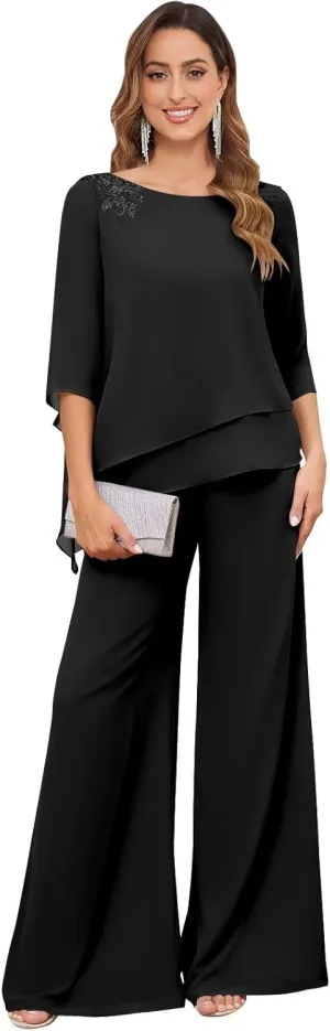 2 Pieces Mother of The Bride Pant Suits for Wedding Dressy Chiffon Lace Sequin Formal Wedding Guest Outfit