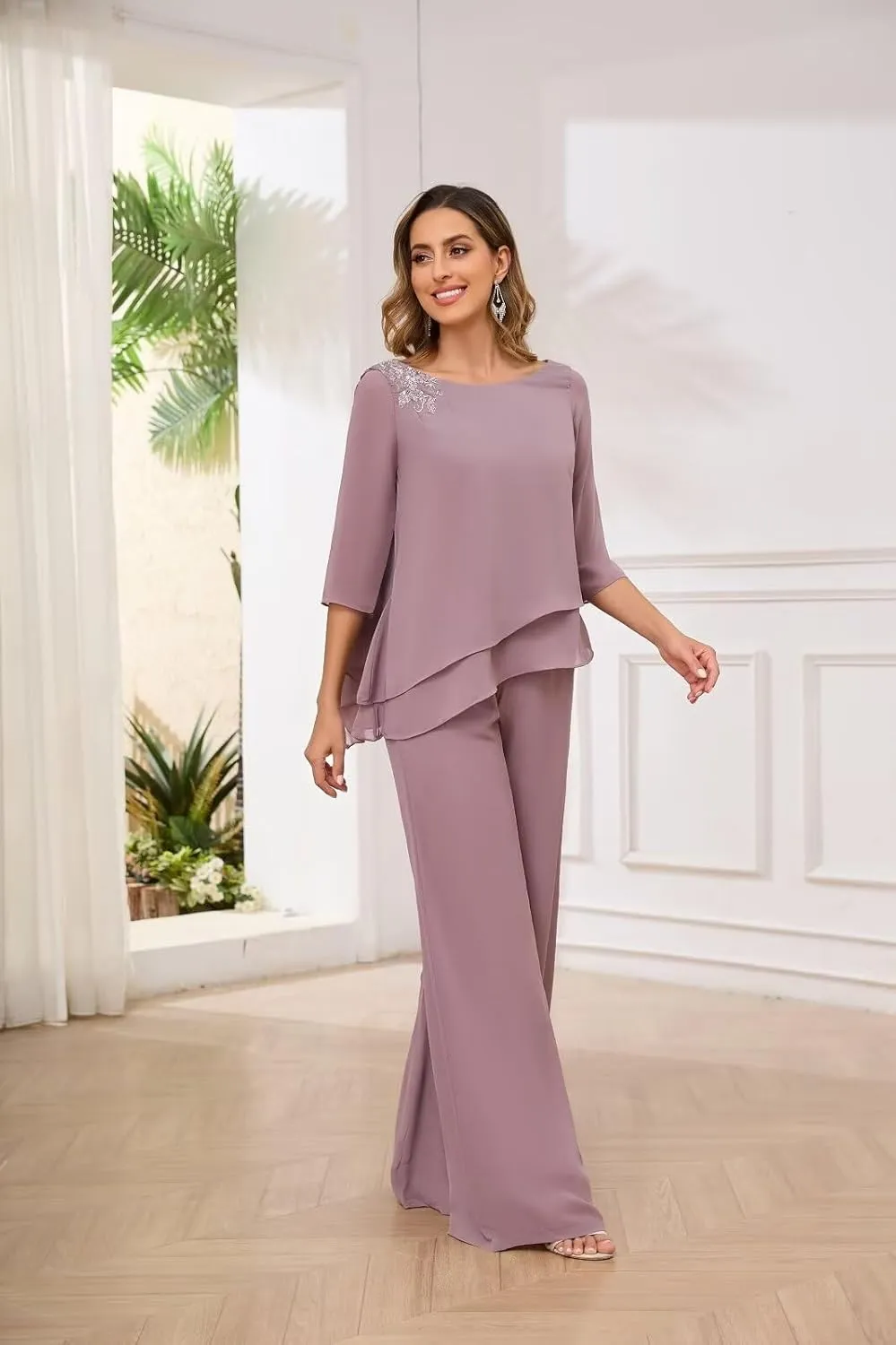 2 Pieces Mother of The Bride Pant Suits for Wedding Dressy Chiffon Lace Sequin Formal Wedding Guest Outfit