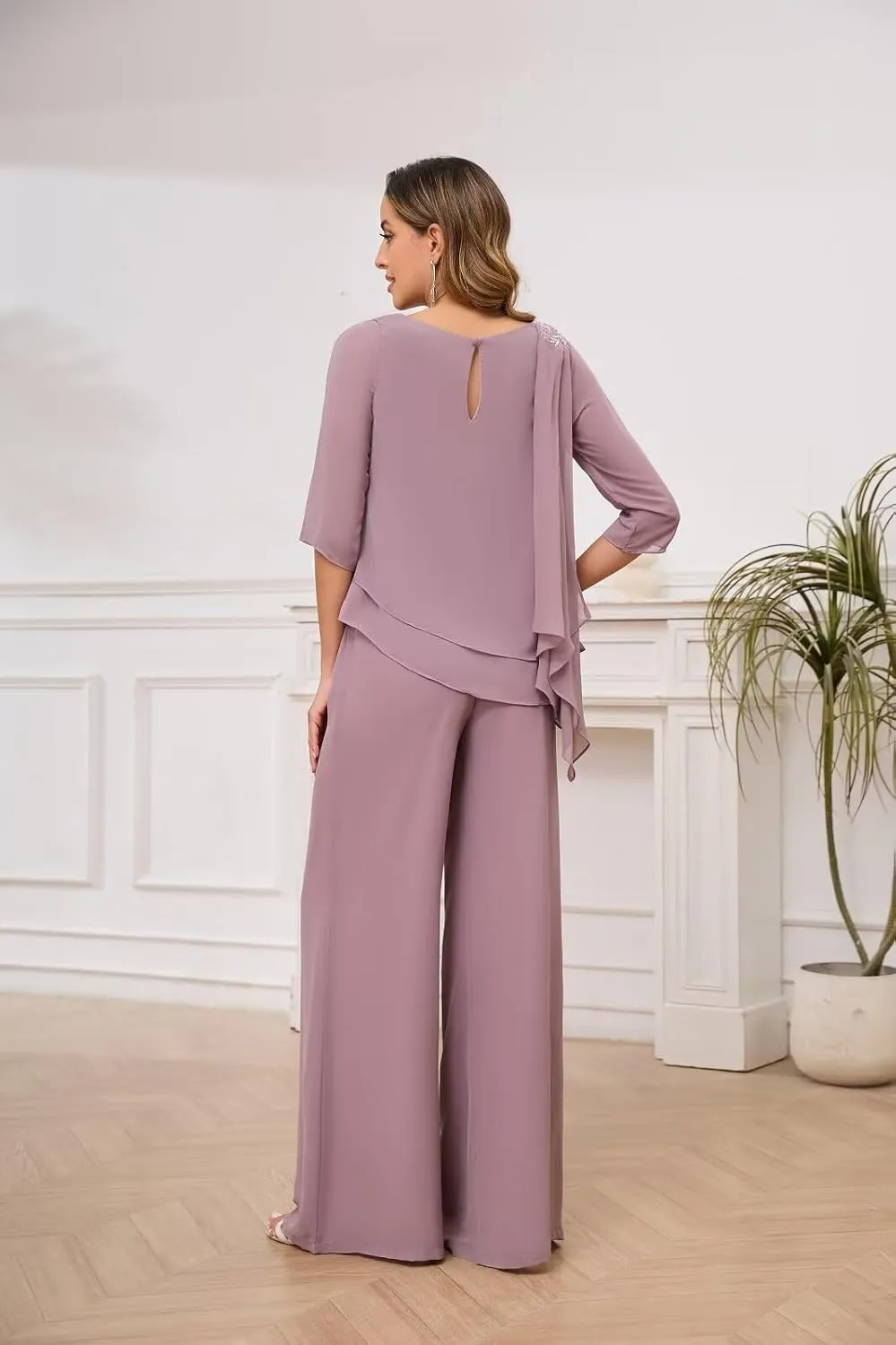 2 Pieces Mother of The Bride Pant Suits for Wedding Dressy Chiffon Lace Sequin Formal Wedding Guest Outfit