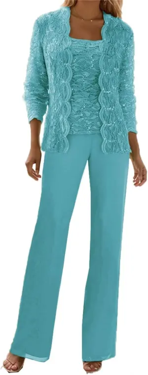 3 Piece Mother of The Bride Pant Suits for Wedding Guest Sequins Lace Outfits Formal Evneing Party Gowns with Jacket