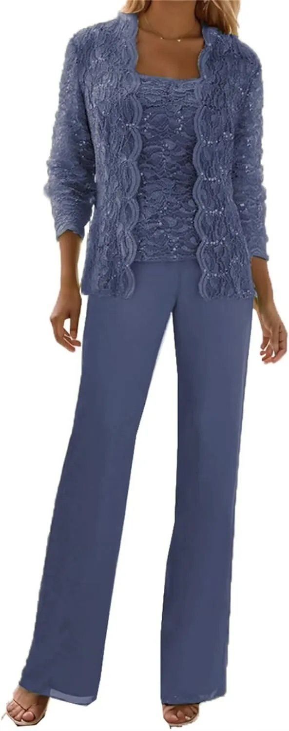 3 Piece Mother of The Bride Pant Suits for Wedding Guest Sequins Lace Outfits Formal Evneing Party Gowns with Jacket