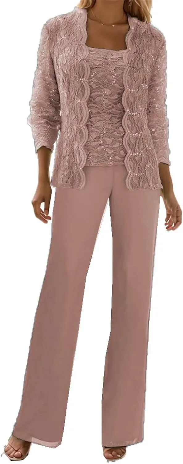 3 Piece Mother of The Bride Pant Suits for Wedding Guest Sequins Lace Outfits Formal Evneing Party Gowns with Jacket