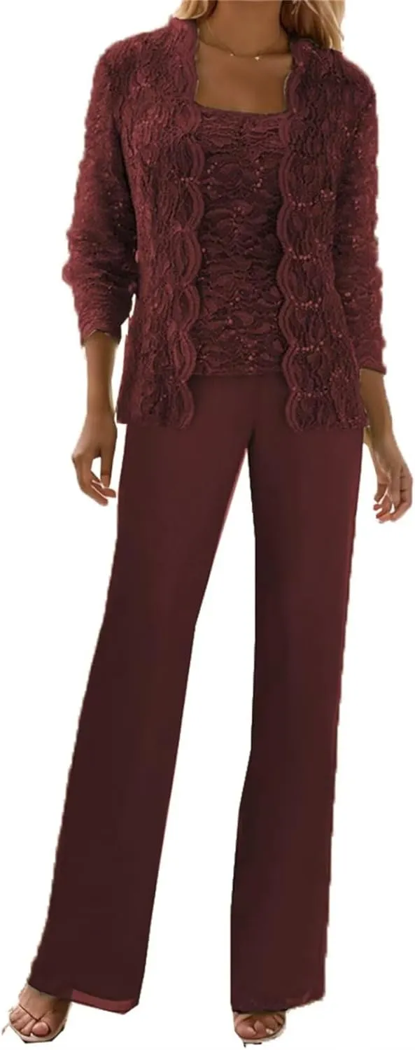 3 Piece Mother of The Bride Pant Suits for Wedding Guest Sequins Lace Outfits Formal Evneing Party Gowns with Jacket