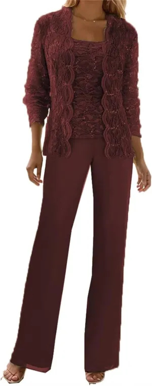 3 Piece Mother of The Bride Pant Suits for Wedding Guest Sequins Lace Outfits Formal Evneing Party Gowns with Jacket