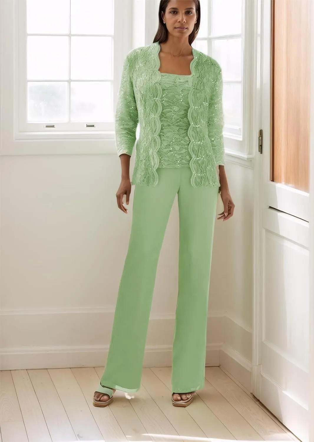 3 Piece Mother of The Bride Pant Suits for Wedding Guest Sequins Lace Outfits Formal Evneing Party Gowns with Jacket