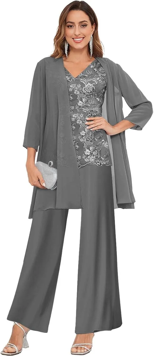 3 Pieces Mother of The Bride Pant Suits for Wedding Lace Chiffon Formal Evening Gowns with Jacket