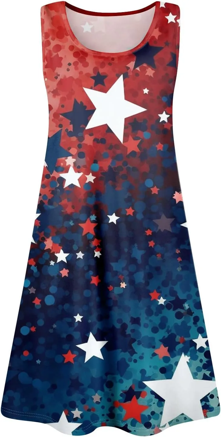 ADHOWBEW 4th of July Dresses for Women Sleeveless Sexy Memorial Days Patriotic O Neck American Flag Midi Dress with Pockets
