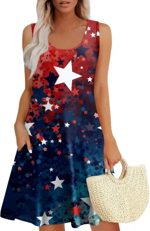 ADHOWBEW 4th of July Dresses for Women Sleeveless Sexy Memorial Days Patriotic O Neck American Flag Midi Dress with Pockets