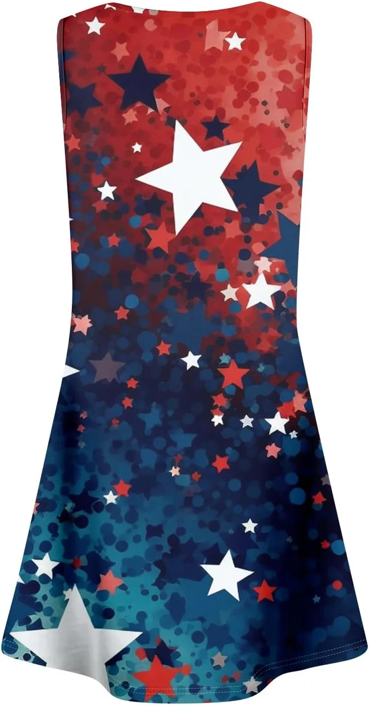 ADHOWBEW 4th of July Dresses for Women Sleeveless Sexy Memorial Days Patriotic O Neck American Flag Midi Dress with Pockets
