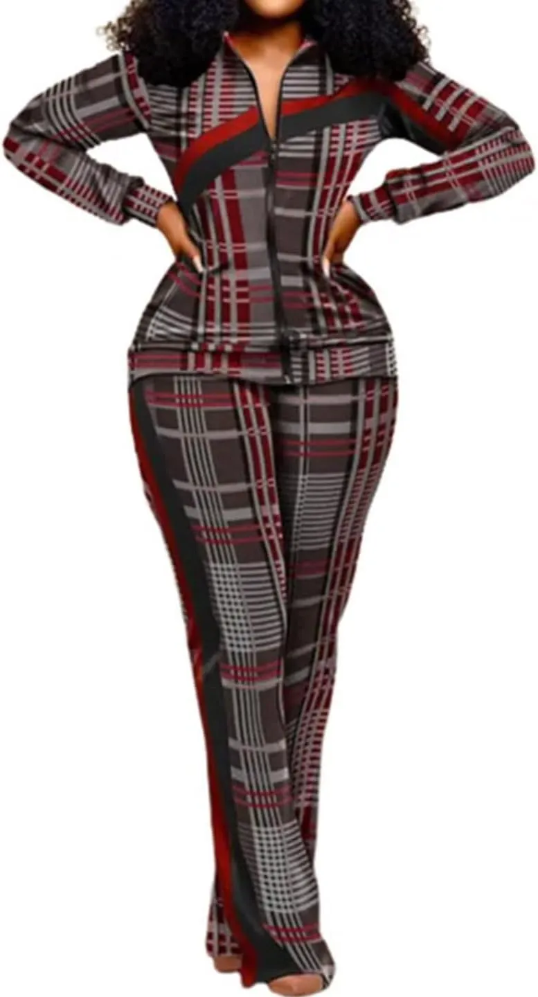 Adogirl Womens Two Piece Outfits Zipper Up Pattern Print Long Sleeve Jogging Weat Suits Matching Jogger Long Pants Set