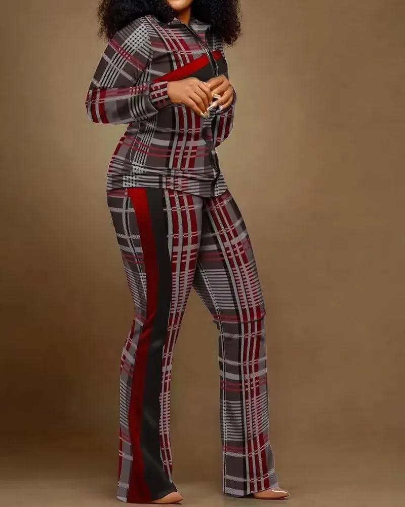 Adogirl Womens Two Piece Outfits Zipper Up Pattern Print Long Sleeve Jogging Weat Suits Matching Jogger Long Pants Set