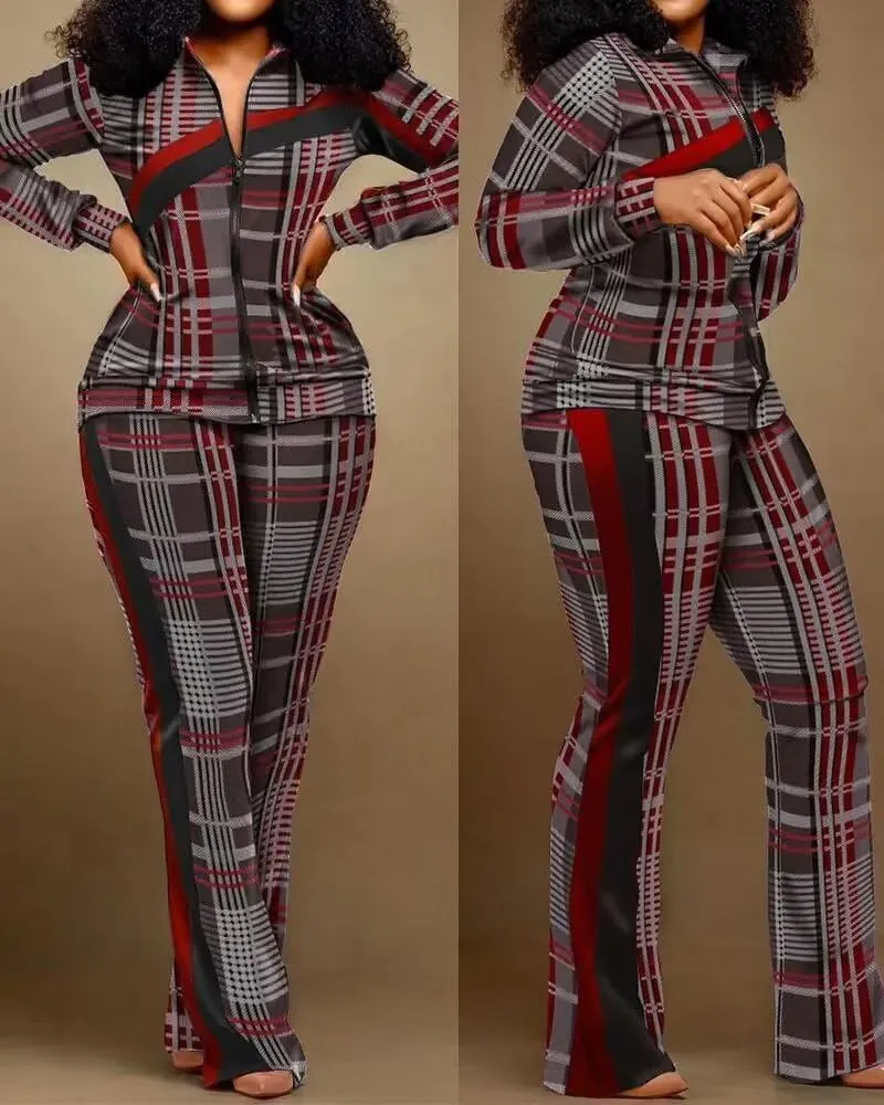 Adogirl Womens Two Piece Outfits Zipper Up Pattern Print Long Sleeve Jogging Weat Suits Matching Jogger Long Pants Set
