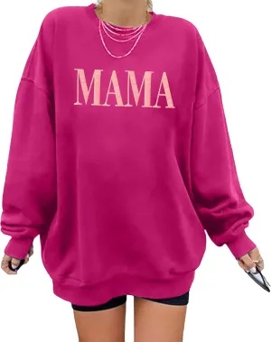 AIIWEIS Oversized Mama Sweatshirt for Women Mom Letter Print Pullover Tops Casual Crewneck Long Sleeve Shirt