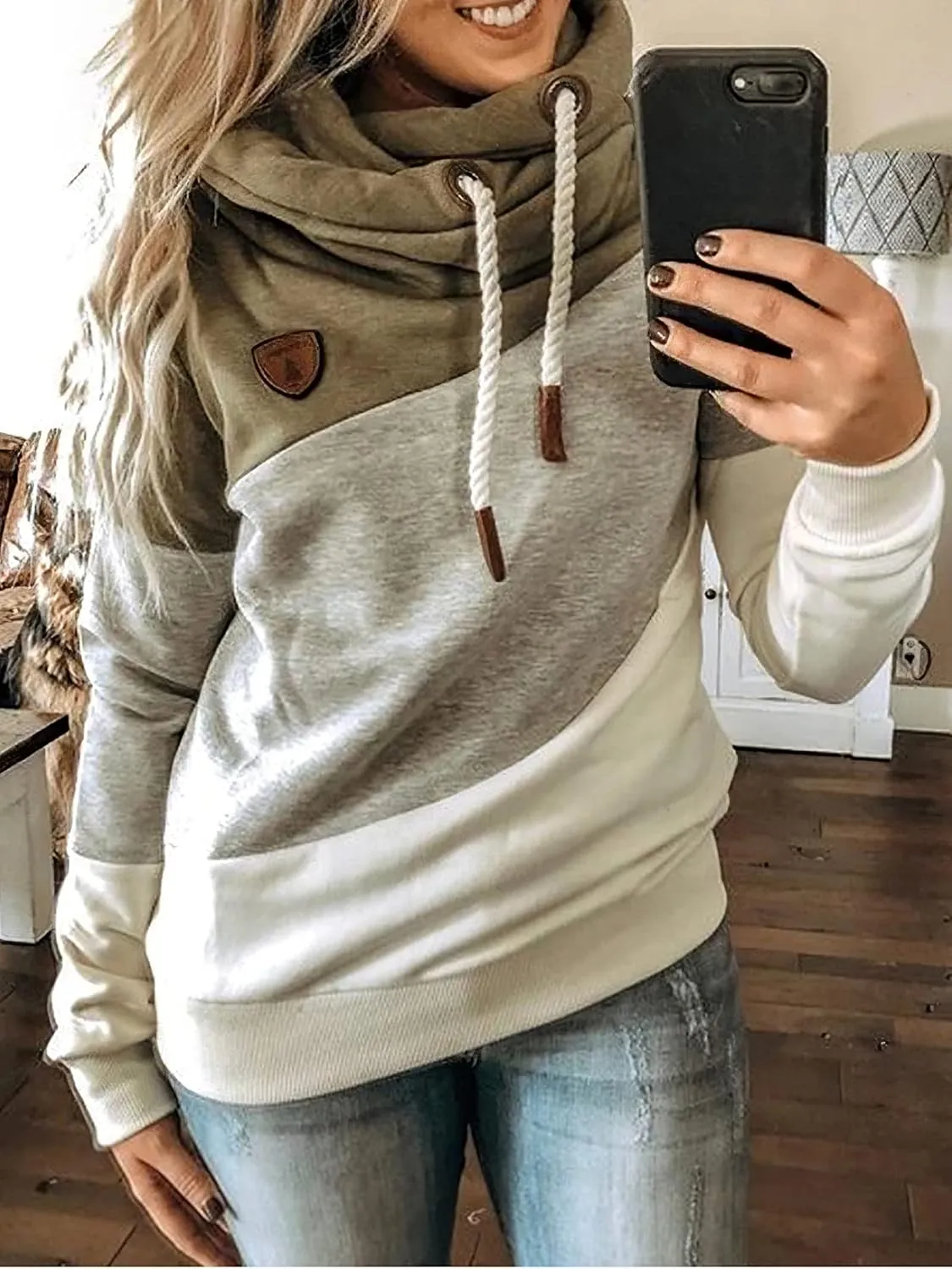 Akivide Women's Casual Cowl Neck Pullover Hoodie Color Block Graphic Long Sleeve Drawstring Hooded Sweatshirt Tops