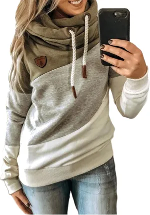 Akivide Women's Casual Cowl Neck Pullover Hoodie Color Block Graphic Long Sleeve Drawstring Hooded Sweatshirt Tops
