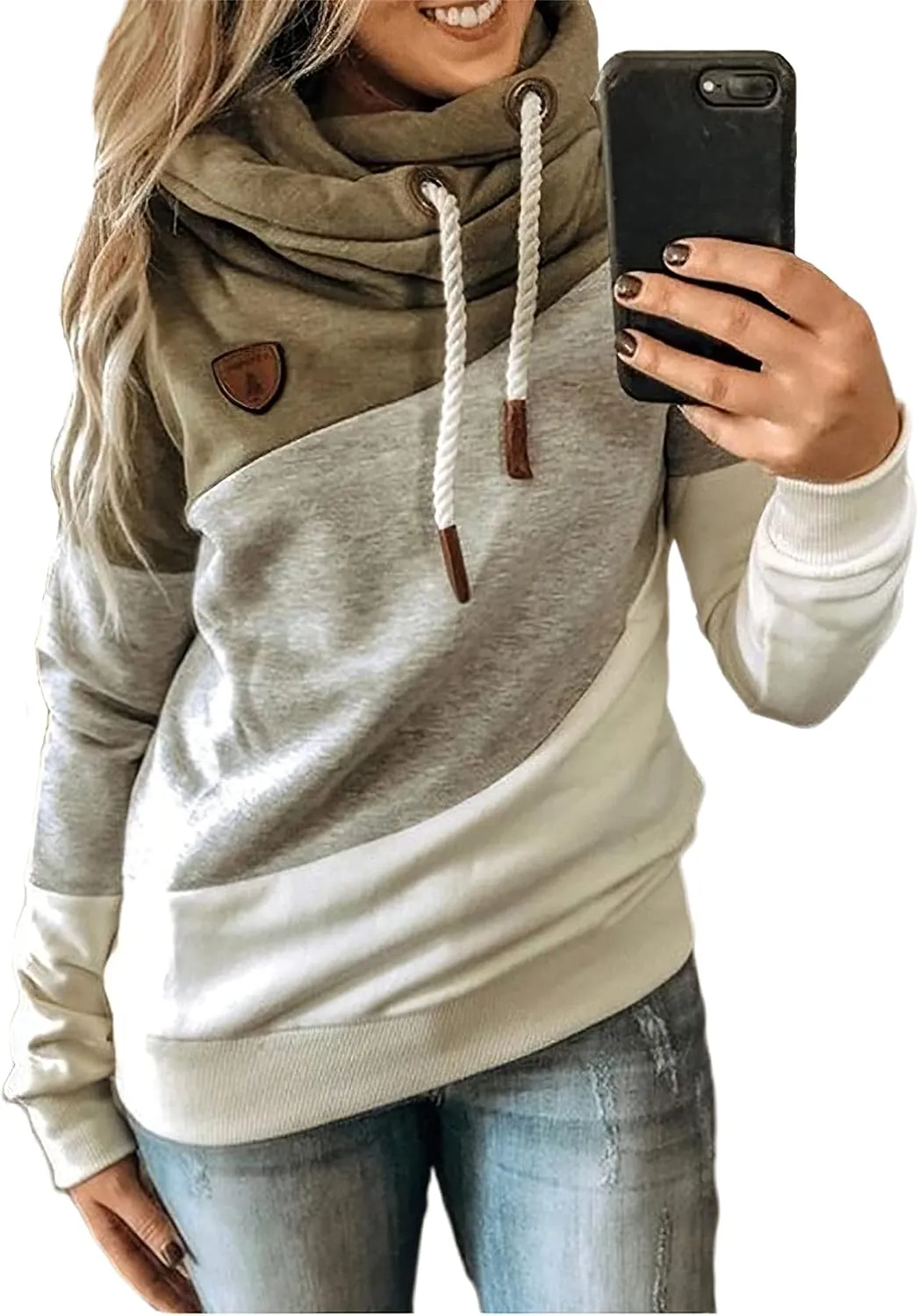 Akivide Women's Casual Cowl Neck Pullover Hoodie Color Block Graphic Long Sleeve Drawstring Hooded Sweatshirt Tops