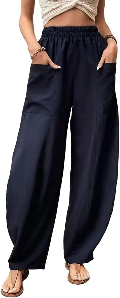 Akivide Women's Casual Linen Elastic Waist Pants High Waist Loose Comfy Trousers Wide Leg Pants for Women with 2 Pockets Navy Blue