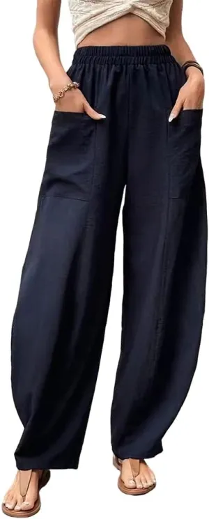 Akivide Women's Casual Linen Elastic Waist Pants High Waist Loose Comfy Trousers Wide Leg Pants for Women with 2 Pockets Navy Blue