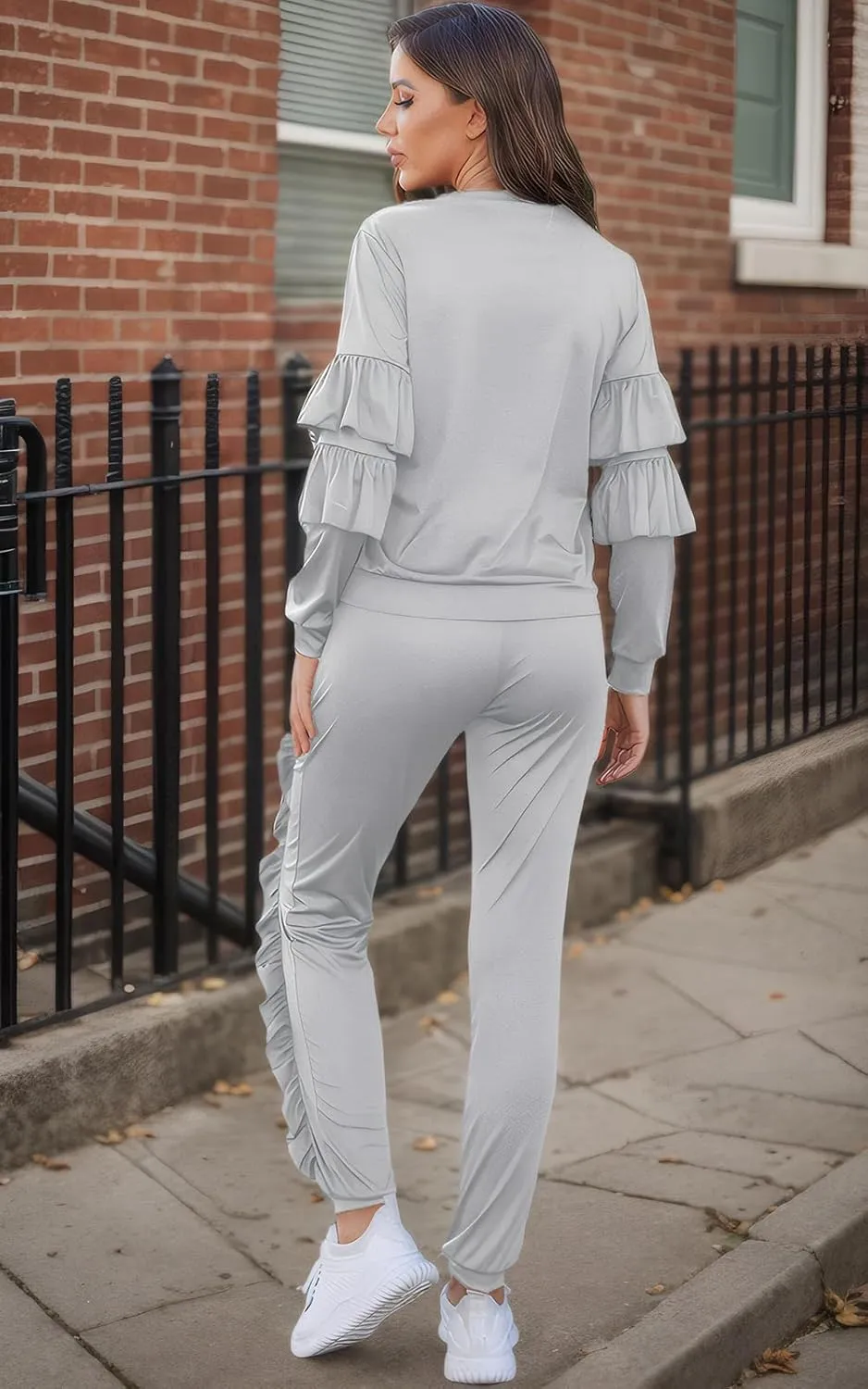 Akmipoem Women's Two Piece Outfits Ruffle Sleeve Sweatshirt and Long Pants Tracksuit Sets
