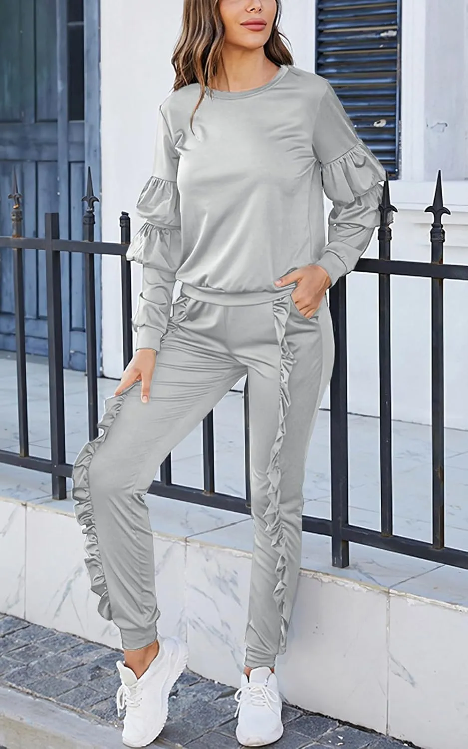 Akmipoem Women's Two Piece Outfits Ruffle Sleeve Sweatshirt and Long Pants Tracksuit Sets