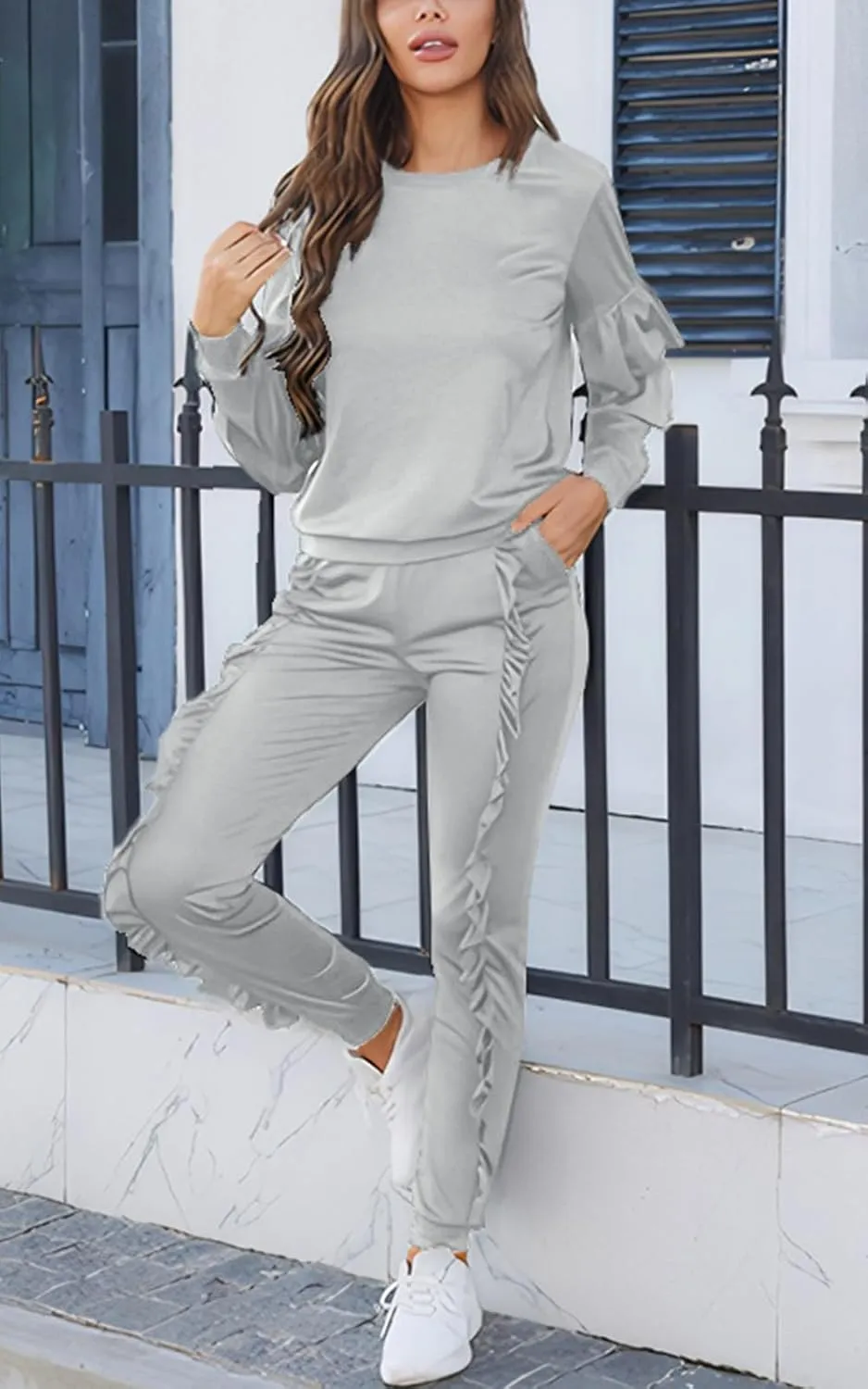 Akmipoem Women's Two Piece Outfits Ruffle Sleeve Sweatshirt and Long Pants Tracksuit Sets