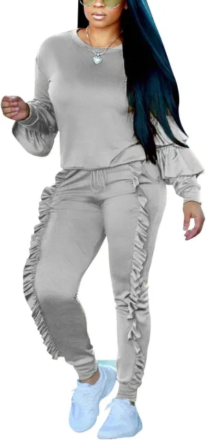 Akmipoem Women's Two Piece Outfits Ruffle Sleeve Sweatshirt and Long Pants Tracksuit Sets