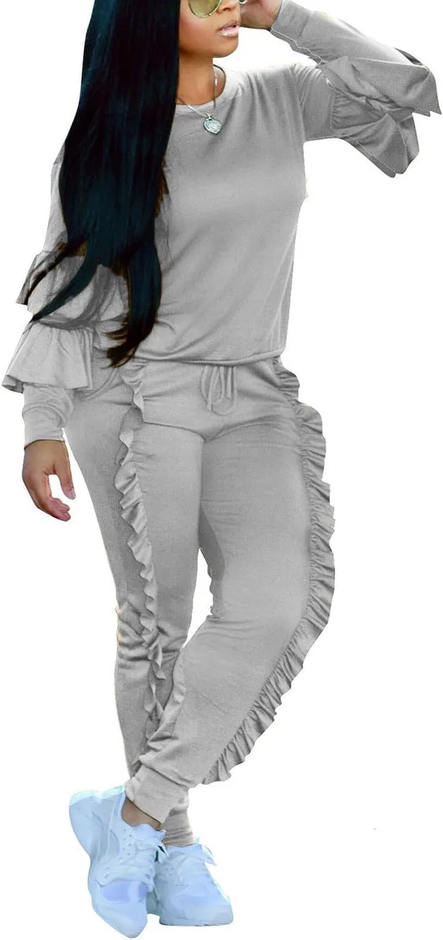 Akmipoem Women's Two Piece Outfits Ruffle Sleeve Sweatshirt and Long Pants Tracksuit Sets
