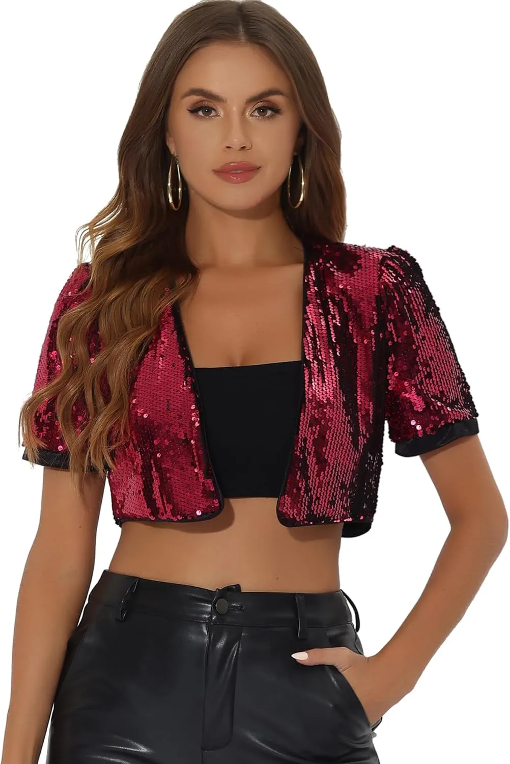 Allegra K Sequin Cardigan for Women's Open Front Jacket Christmas Sparkly Glitter Cropped Shrug Bolero