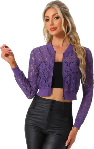Allegra K Women's Crop Jacket Stand Collar Zip Up Sexy Sheer Gothic Lace Lightweight Baseball Jacket