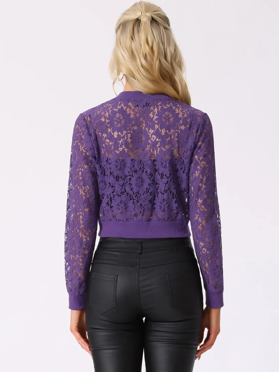 Allegra K Women's Crop Jacket Stand Collar Zip Up Sexy Sheer Gothic Lace Lightweight Baseball Jacket