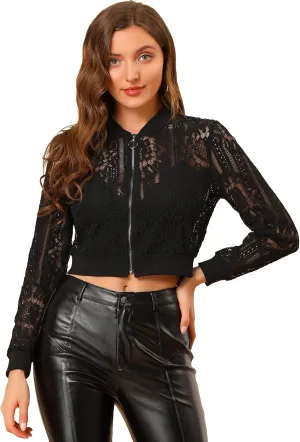 Allegra K Women's Crop Jacket Stand Collar Zip Up Sexy Sheer Gothic Lace Lightweight Baseball Jacket