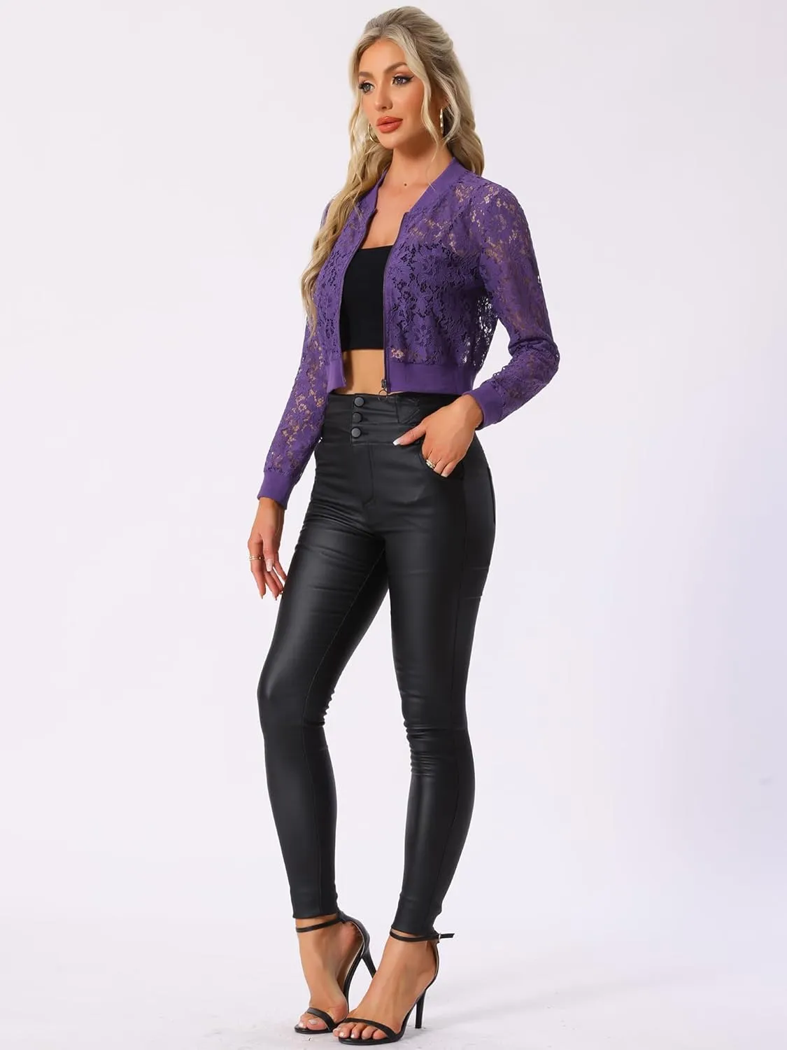 Allegra K Women's Crop Jacket Stand Collar Zip Up Sexy Sheer Gothic Lace Lightweight Baseball Jacket