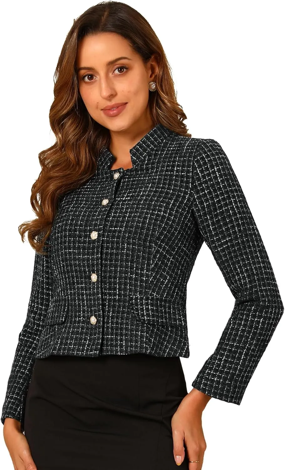 Allegra K Women's Plaid Tweed Blazer Long Sleeve Button Down Work Office Short Jacket