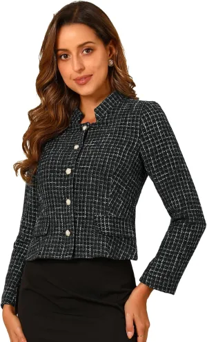 Allegra K Women's Plaid Tweed Blazer Long Sleeve Button Down Work Office Short Jacket