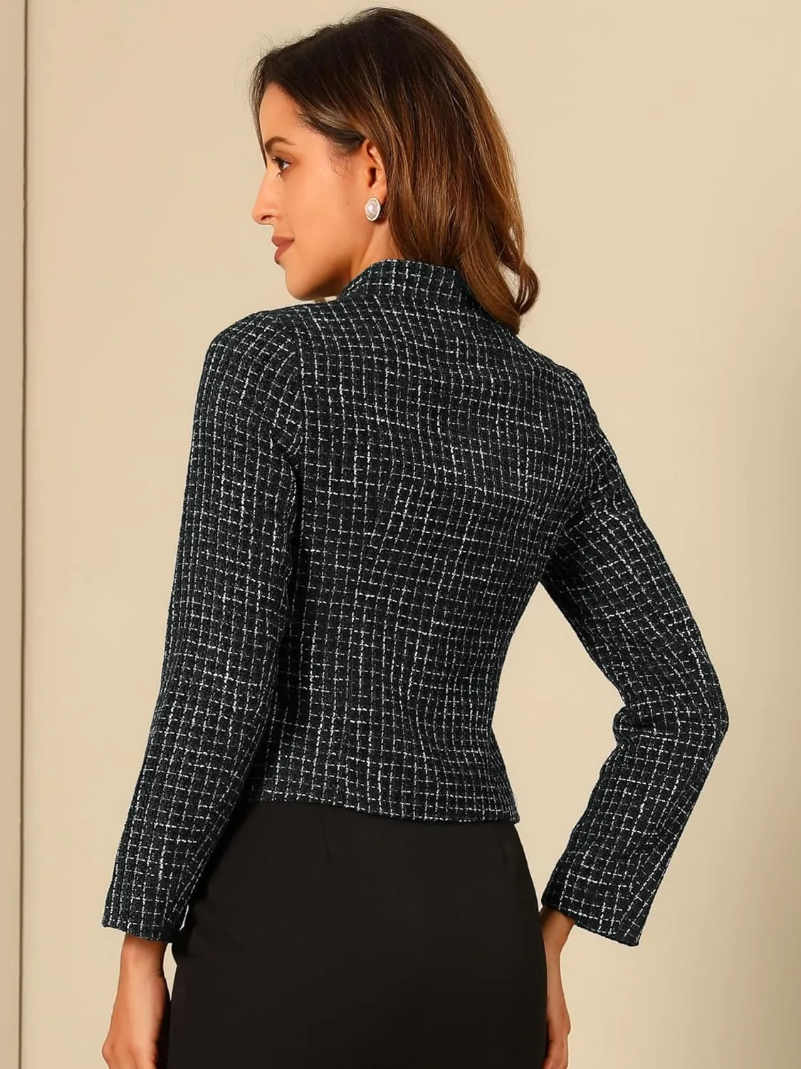 Allegra K Women's Plaid Tweed Blazer Long Sleeve Button Down Work Office Short Jacket