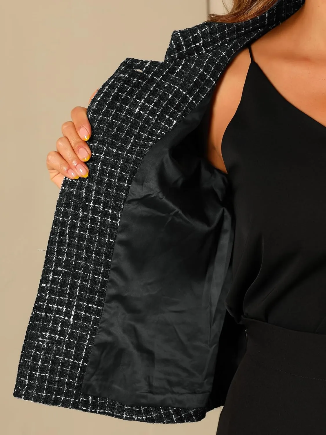 Allegra K Women's Plaid Tweed Blazer Long Sleeve Button Down Work Office Short Jacket