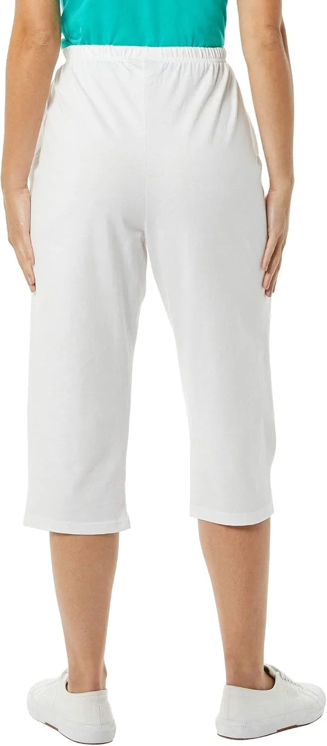 AmeriMark Womens Capri Pants - Full Elastic Waist Pedal Pushers - Ladies 100% Cotton Pull-On Cropped Pants - Side Pockets