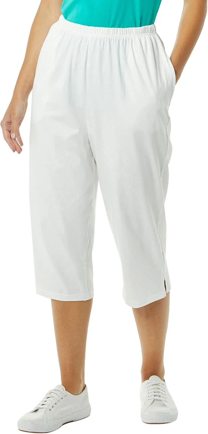 AmeriMark Womens Capri Pants - Full Elastic Waist Pedal Pushers - Ladies 100% Cotton Pull-On Cropped Pants - Side Pockets