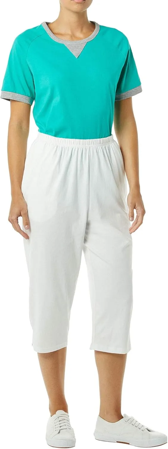 AmeriMark Womens Capri Pants - Full Elastic Waist Pedal Pushers - Ladies 100% Cotton Pull-On Cropped Pants - Side Pockets