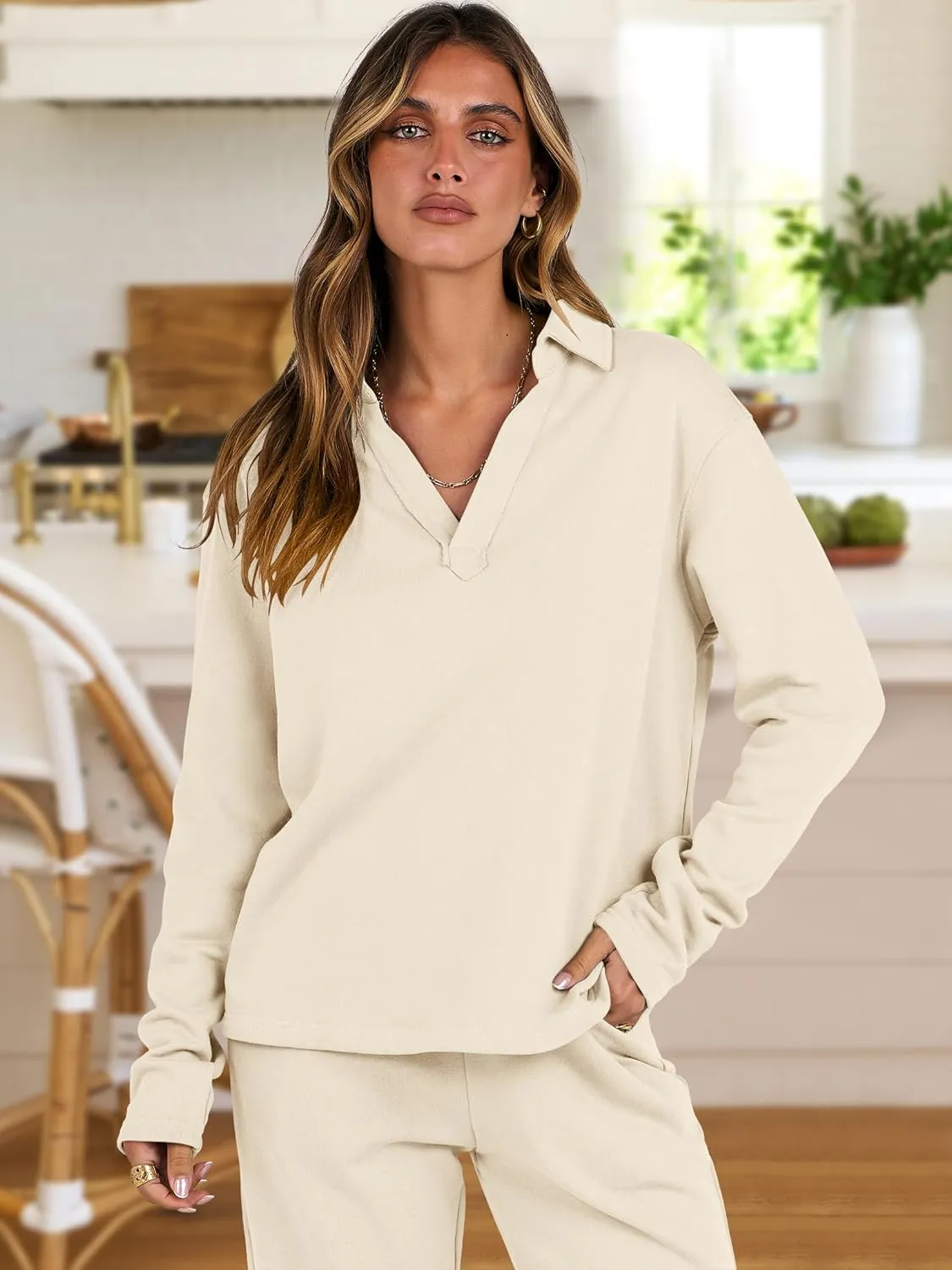 ANRABESS Lounge Sets for Women 2 Piece Outfits Sweatsuit Set Fall V Neck Sweatshirts Wide Leg Pants Tracksuits