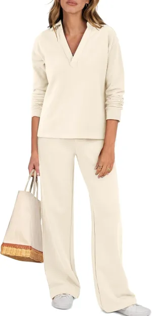 ANRABESS Lounge Sets for Women 2 Piece Outfits Sweatsuit Set Fall V Neck Sweatshirts Wide Leg Pants Tracksuits