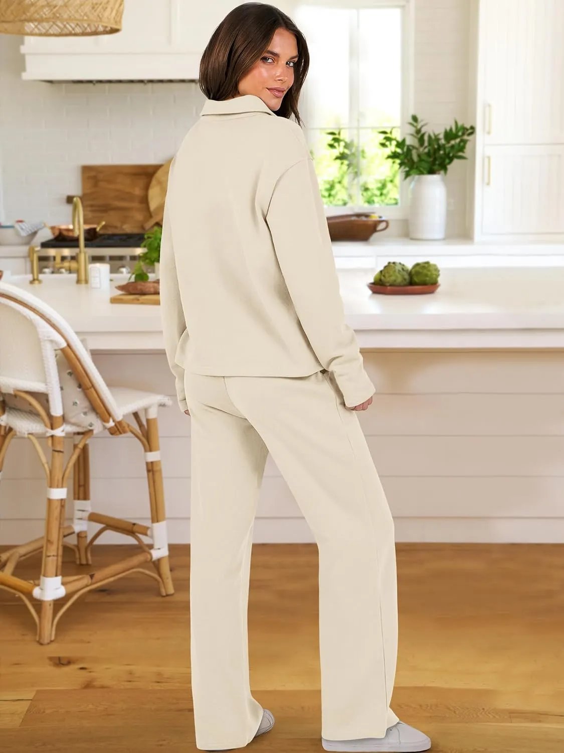 ANRABESS Lounge Sets for Women 2 Piece Outfits Sweatsuit Set Fall V Neck Sweatshirts Wide Leg Pants Tracksuits
