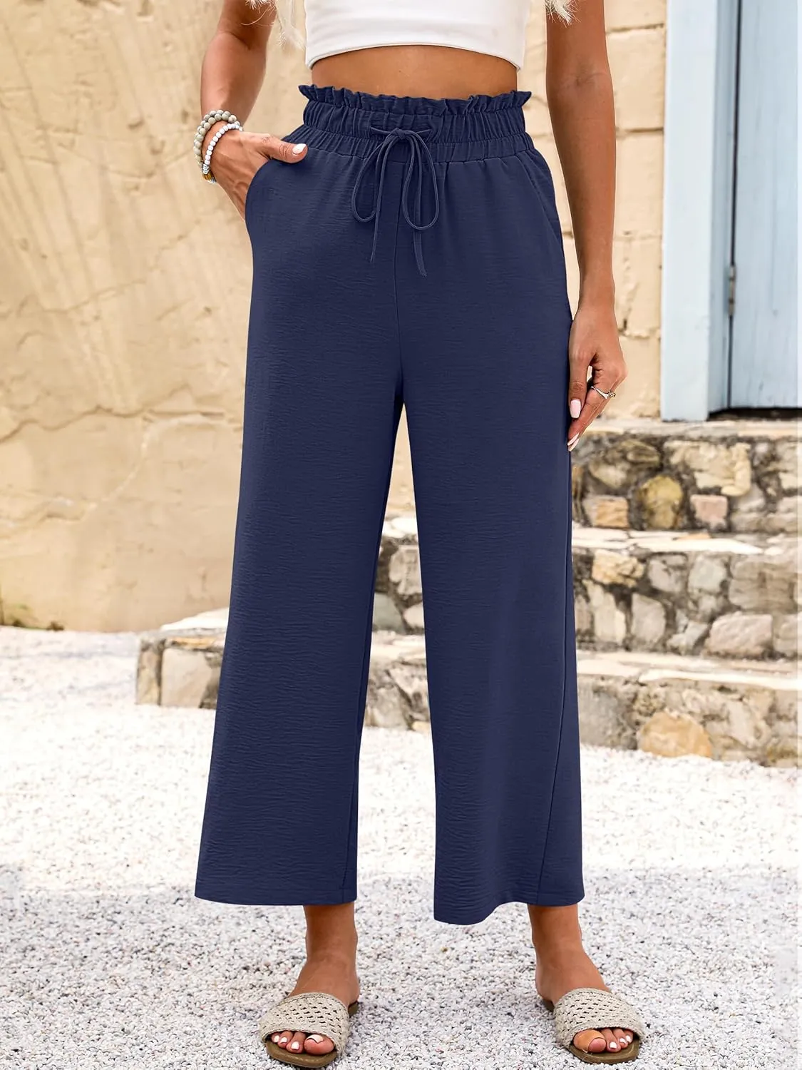 ANRABESS Women 2025 Summer Casual Flowy Loose High Waist Boho Wide Leg Cropped Palazzo Lounge Beach Vacation Pants Trousers