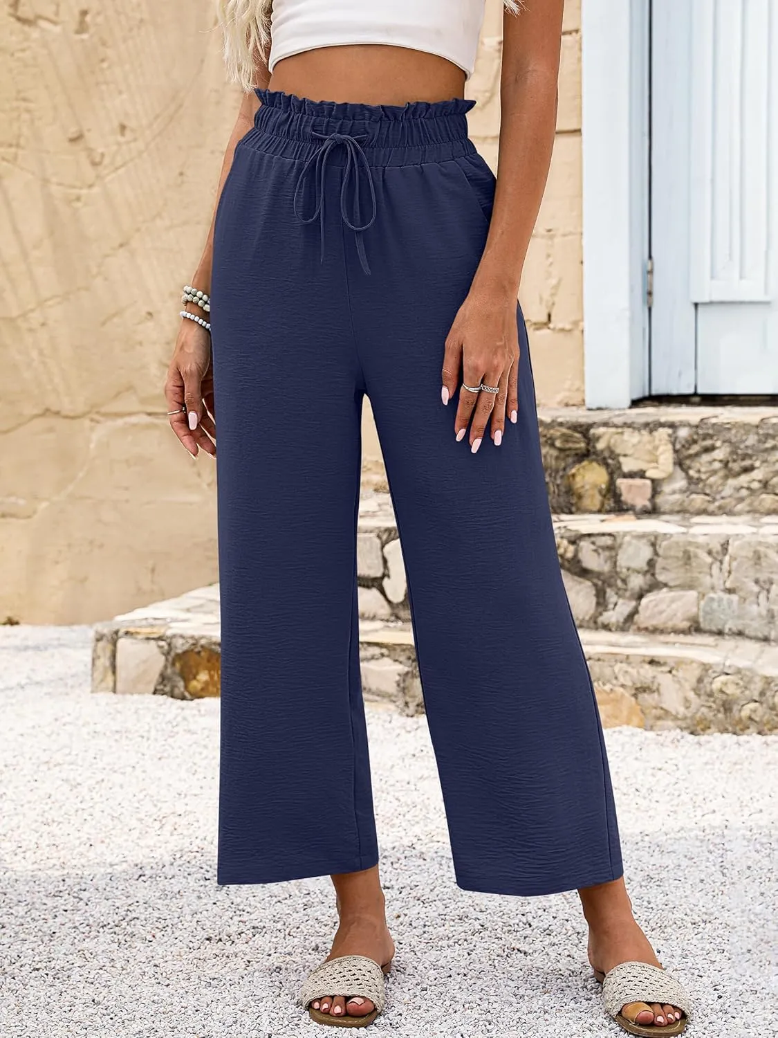 ANRABESS Women 2025 Summer Casual Flowy Loose High Waist Boho Wide Leg Cropped Palazzo Lounge Beach Vacation Pants Trousers