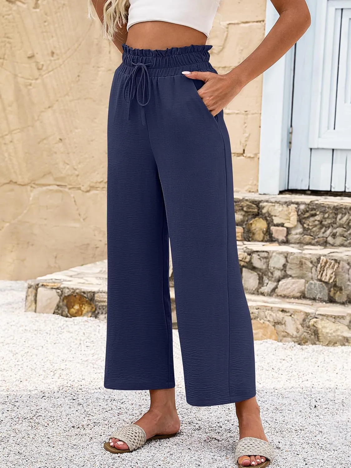 ANRABESS Women 2025 Summer Casual Flowy Loose High Waist Boho Wide Leg Cropped Palazzo Lounge Beach Vacation Pants Trousers