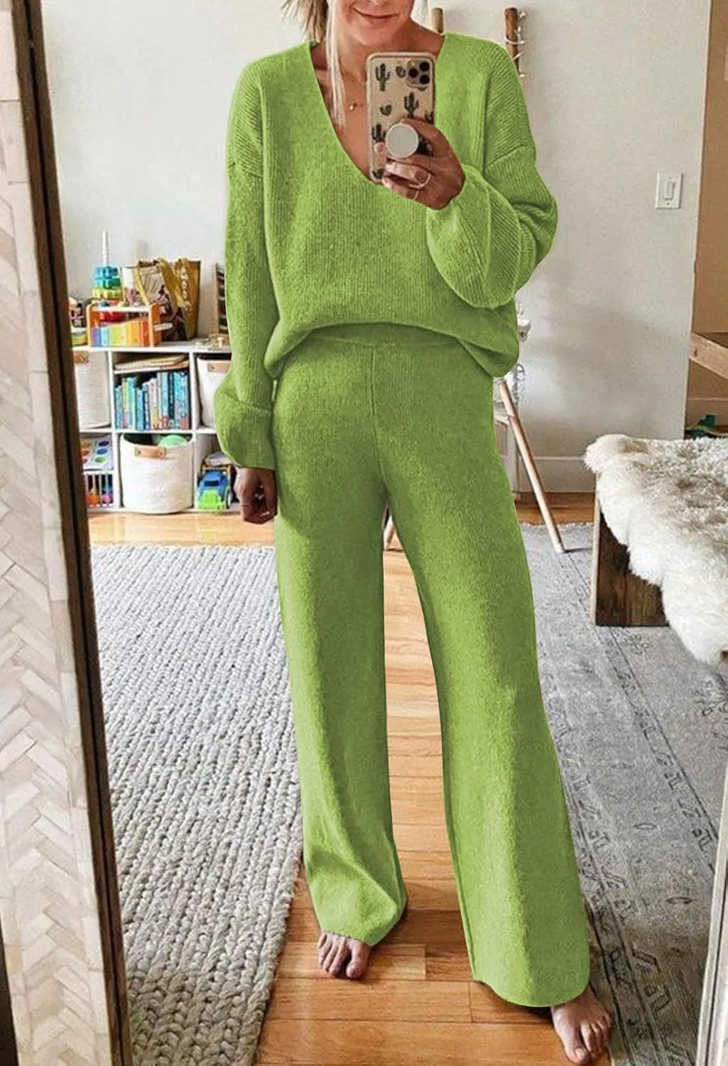 AOHITE Womens 2 Piece Outfits Casual V-neck Knit Pullover Sweater Wide Leg Pants Sleepwear Loungewear Set