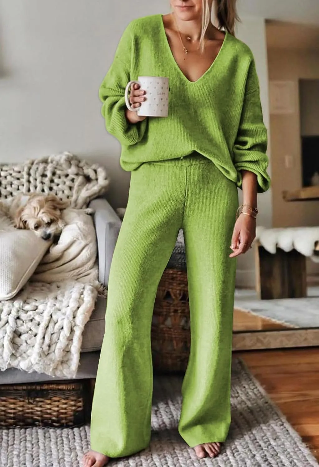 AOHITE Womens 2 Piece Outfits Casual V-neck Knit Pullover Sweater Wide Leg Pants Sleepwear Loungewear Set